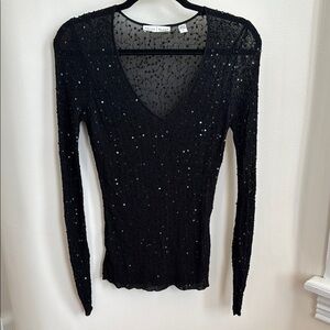 White House/Black Market Black Sequin V-Neck Top